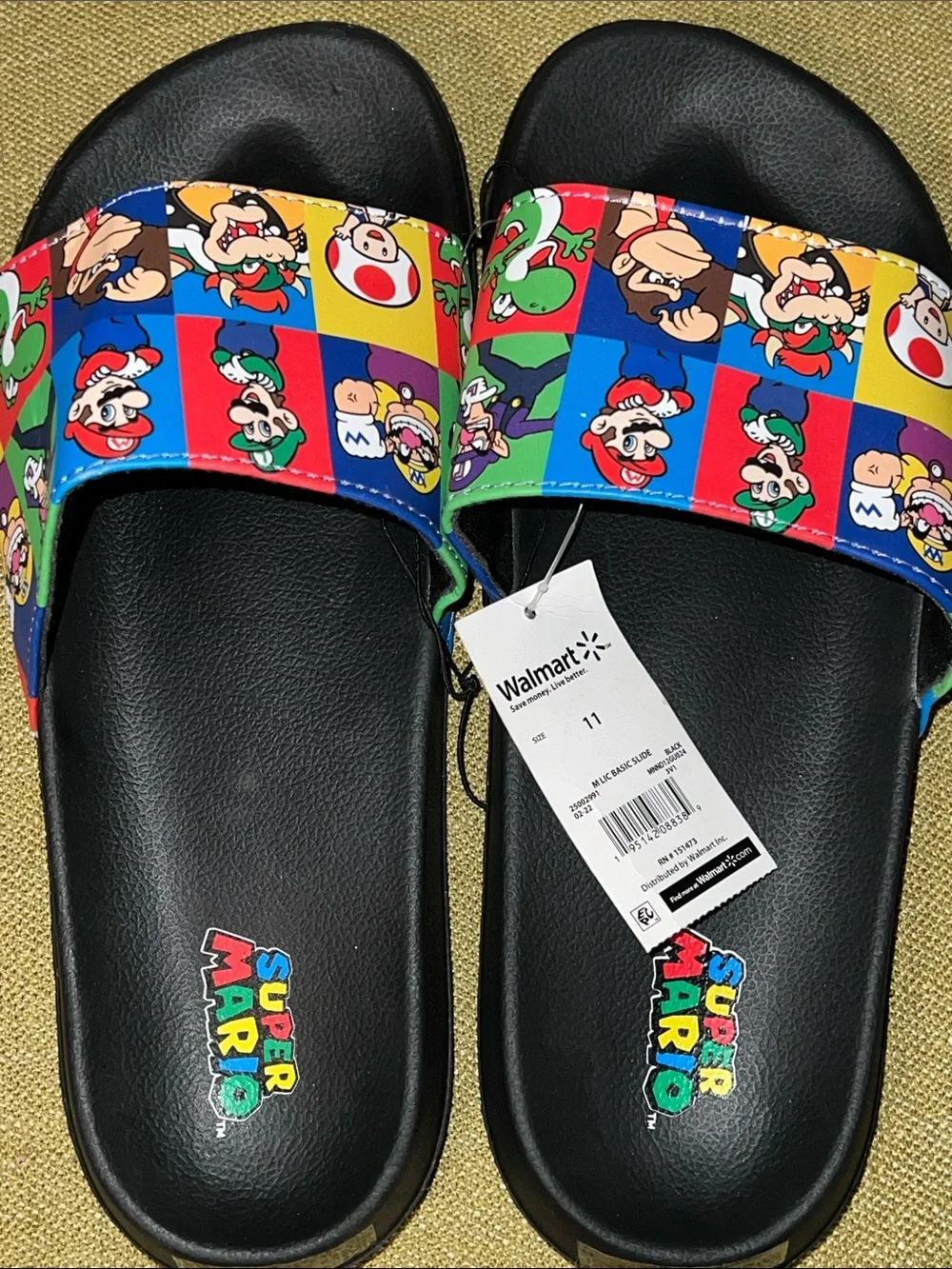Nintendo Super Mario Black Mens Slide Sandals with Multicolor Character Strap